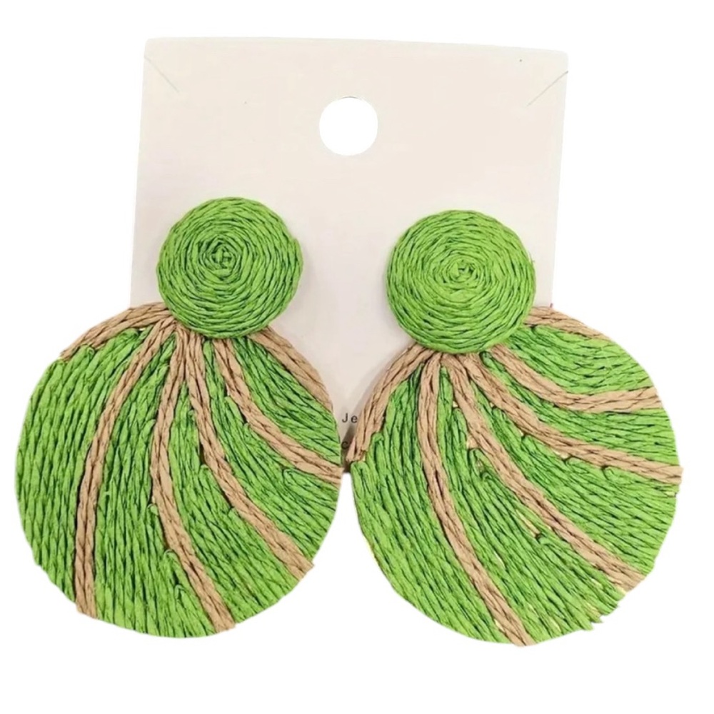 Large Green Round Raffia Statement Earrings